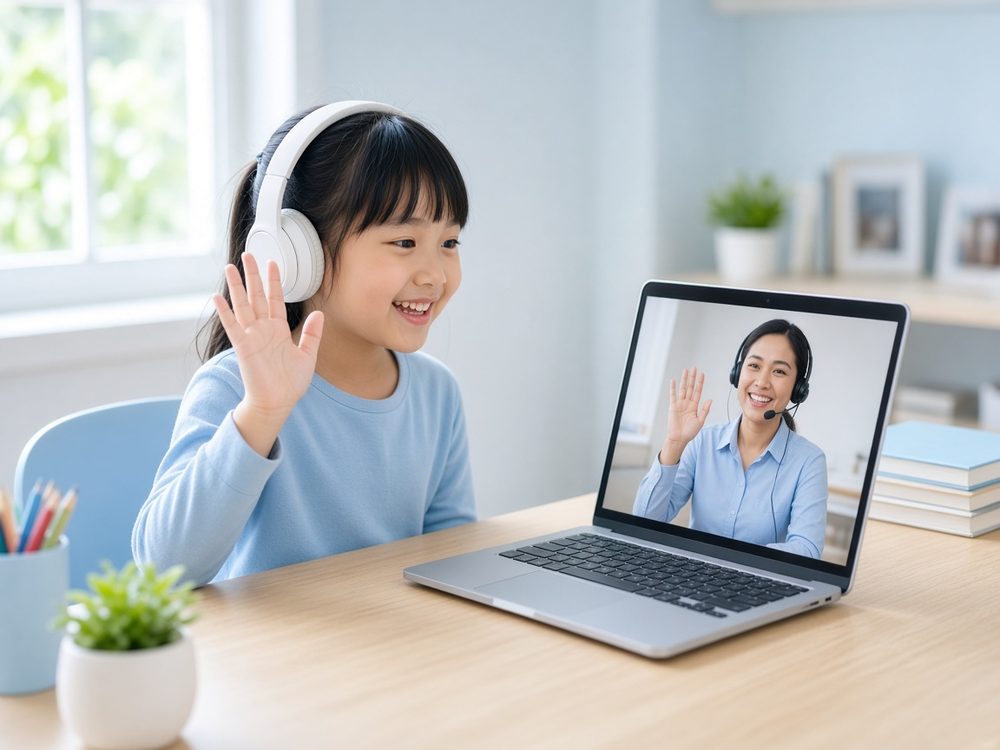 孩子在家里通过笔记本电脑和外教老师一对一上英语课