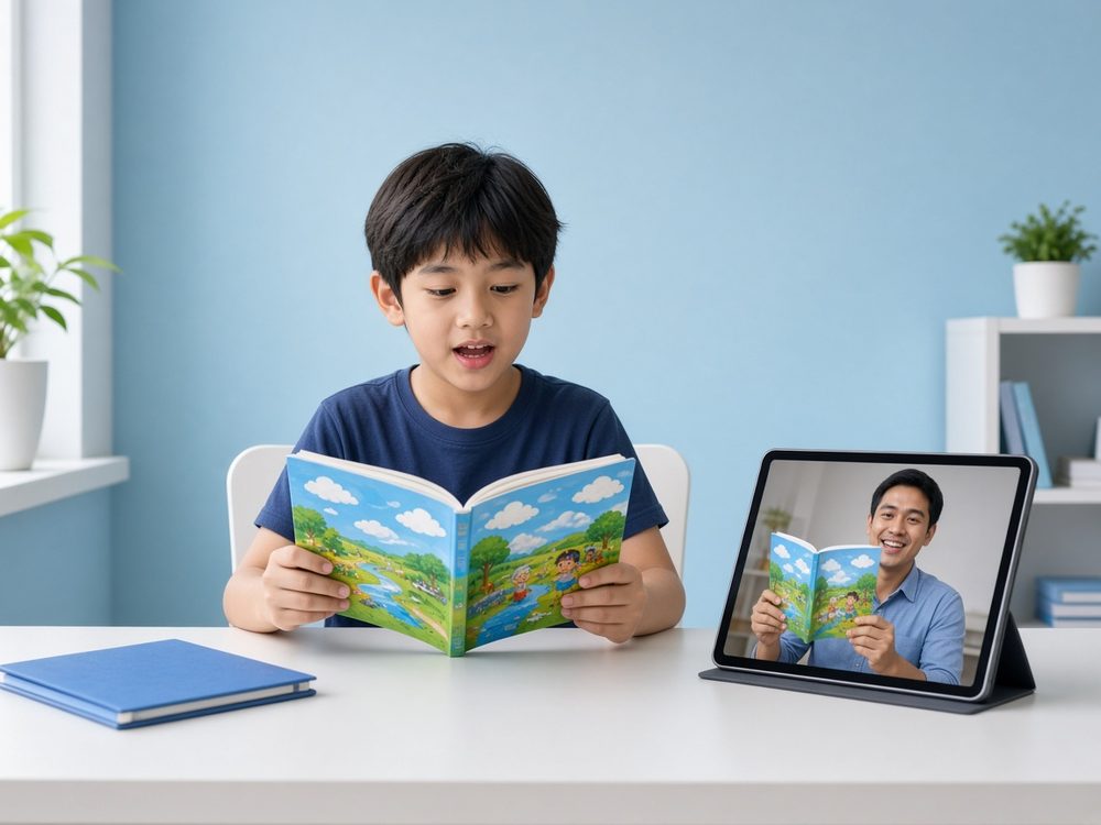 孩子一边读英文绘本一边和外教在线一对一上课